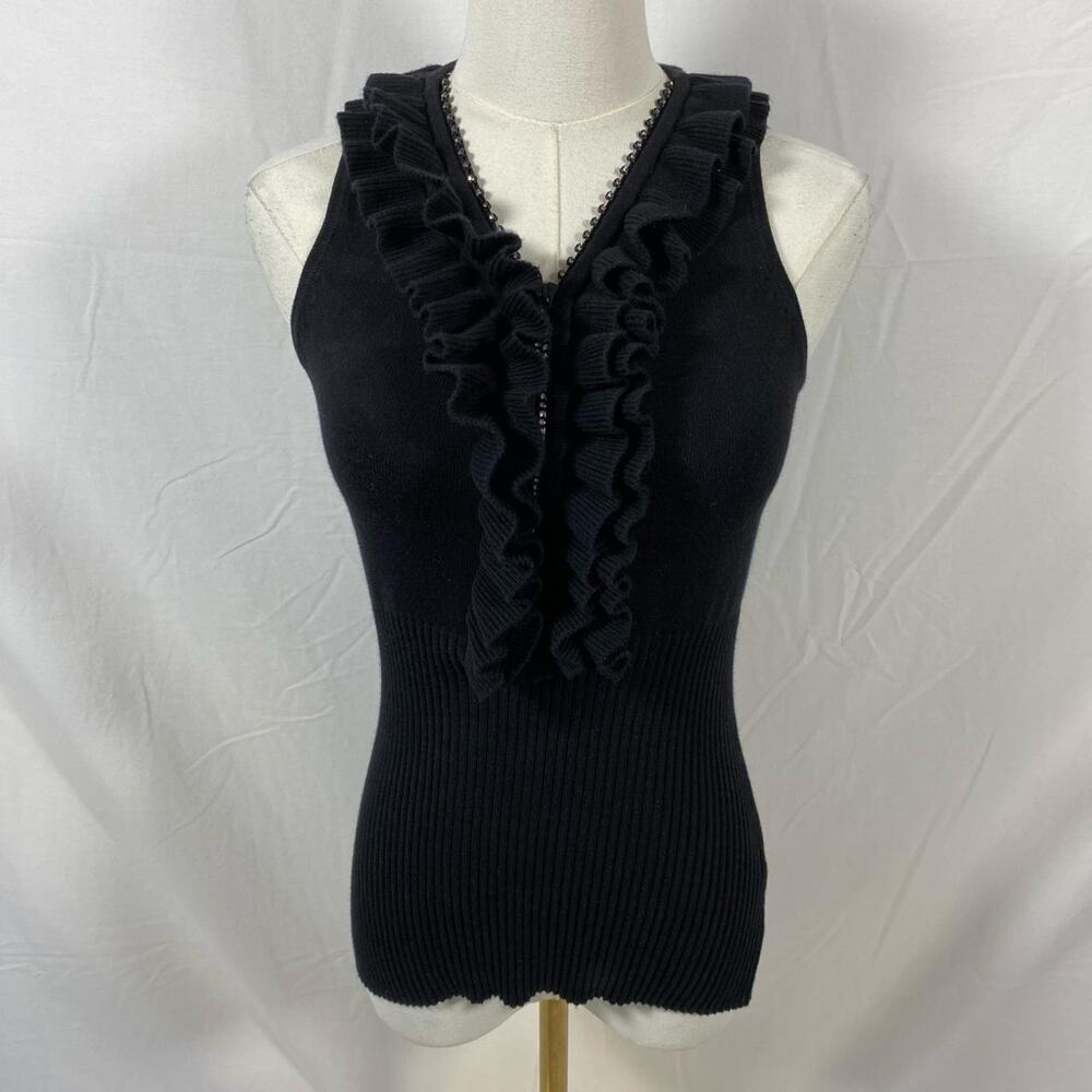 Belldini black ruffle sleeveless top rhinestone zipper size small y2k‎ preppy